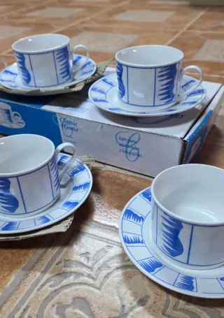 Juego 4 Tazas Café Porcelana Azul/Blanco