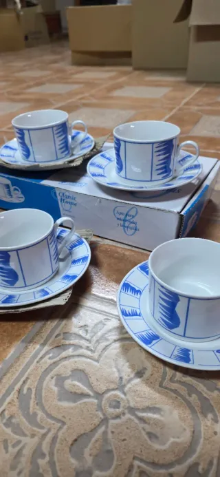 Juego 4 Tazas Café Porcelana Azul/Blanco