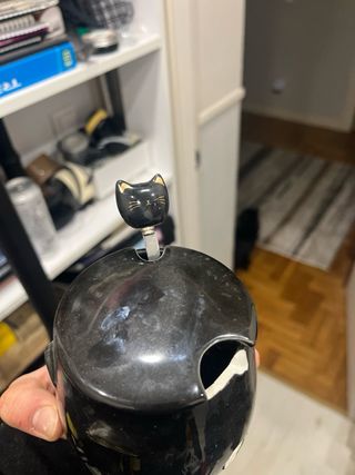 Taza gato decorativa con tapa y asa rota