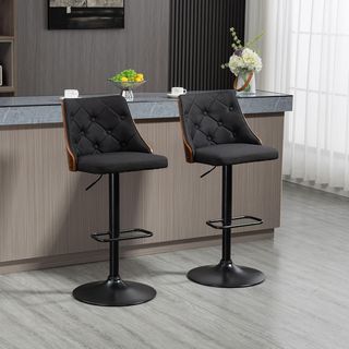 Set di 2 Sgabelli da Bar Girevoli per Cucina e Soggiorno, Sgabelli Moderni con Altezza Regolabile in Tessuto Traspirante, 47.5X50X93.5-116 Cm, Nero e Noce