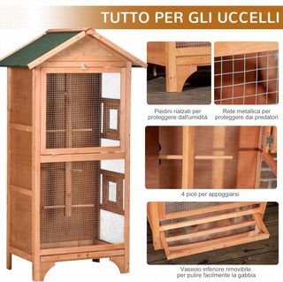 Jaula para Aves de Exterior en Madera de Abeto y Metal, Voladera para Aves con 3 Aberturas con Bloqueo, 4 Posaderos y Bandeja Extraíble, 80.5X57X153 Cm, Naranja