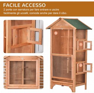 Jaula para Aves de Exterior en Madera de Abeto y Metal, Voladera para Aves con 3 Aberturas con Bloqueo, 4 Posaderos y Bandeja Extraíble, 80.5X57X153 Cm, Naranja