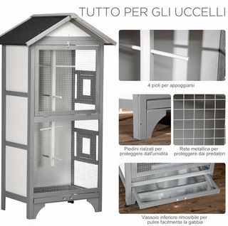Jaula para Aves de Exterior en Madera de Abeto y Metal, Voladera para Aves con 3 Aberturas con Bloqueo, 4 Posaderos y Bandeja Extraíble, 80.5X57X153 Cm, Gris Claro