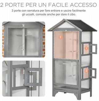 Jaula para Aves de Exterior en Madera de Abeto y Metal, Voladera para Aves con 3 Aberturas con Bloqueo, 4 Posaderos y Bandeja Extraíble, 80.5X57X153 Cm, Gris Claro