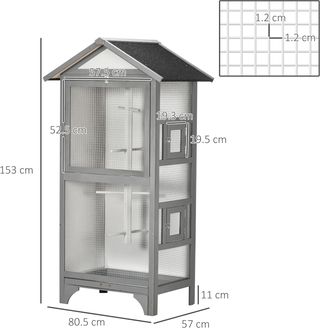 Jaula para Aves de Exterior en Madera de Abeto y Metal, Voladera para Aves con 3 Aberturas con Bloqueo, 4 Posaderos y Bandeja Extraíble, 80.5X57X153 Cm, Gris Claro