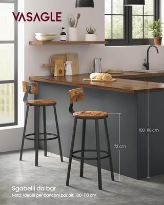 Set di 2 Sgabelli da Bar alti con schienale, Sgabelli da Cucina, Struttura in Acciaio, Altezza Seduta 73,2 Cm, Facili da Montare, Stile Industriale, Marrone Rustico e Nero LBC026B01V1