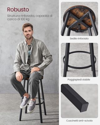 Set di 2 Sgabelli da Bar alti con schienale, Sgabelli da Cucina, Struttura in Acciaio, Altezza Seduta 73,2 Cm, Facili da Montare, Stile Industriale, Marrone Rustico e Nero LBC026B01V1
