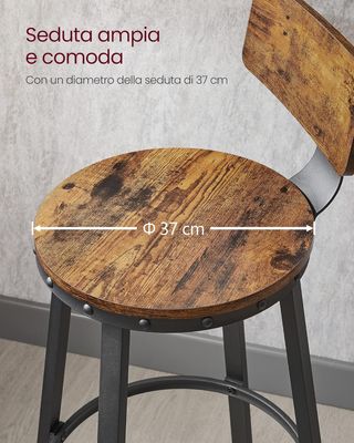 Set di 2 Sgabelli da Bar alti con schienale, Sgabelli da Cucina, Struttura in Acciaio, Altezza Seduta 73,2 Cm, Facili da Montare, Stile Industriale, Marrone Rustico e Nero LBC026B01V1