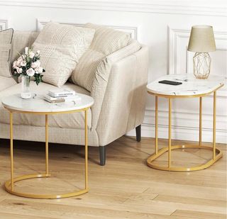 Conjunto mesas auxiliares mármol y dorado