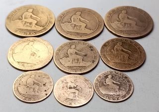 Lote 9 monedas cobre 1870 España 10-5-2 cent.