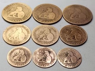 Lote 9 monedas cobre 1870 España 10-5-2 cent.