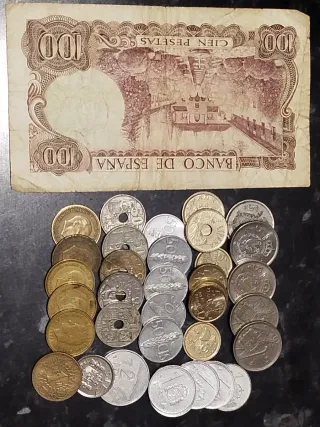 Lote monedas y billete 100 pesetas