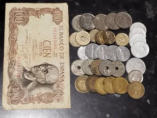 Lote monedas y billete 100 pesetas