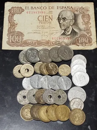 Lote monedas y billete 100 pesetas