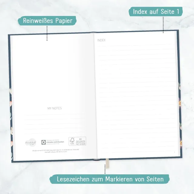 Cuaderno (A5 a rayas, 124 páginas, 62 hojas), idea