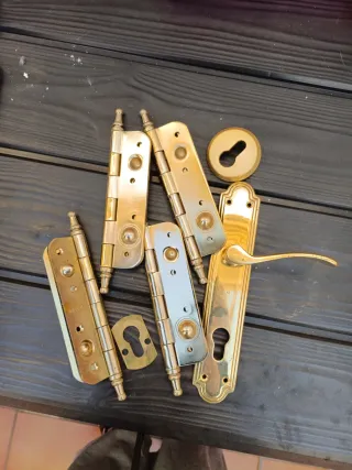 Bisagras y tirador de puerta dorados