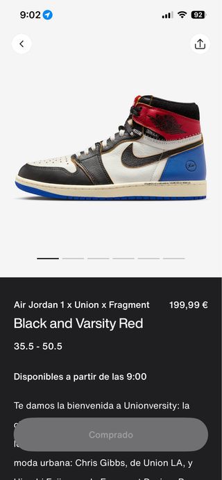 Jordan 1 Fragment x Union Talla 43