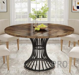 Tavolo da pranzo rotondo Tribesigns per 4-6 persone, tavolo da fattoria da 47 pollici, tavolo industriale con base in metallo per cucina, soggiorno, nero e marrone