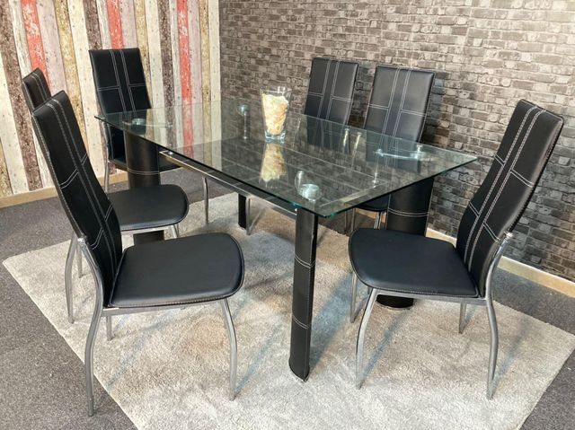 Mesa de Comedor de Vidrio Templado 150x90cm + 6 Sillas Modernas