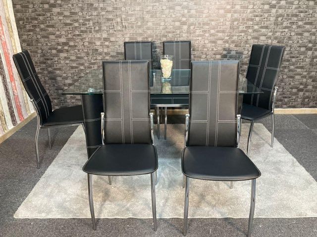 Mesa de Comedor de Vidrio Templado 150x90cm + 6 Sillas Modernas