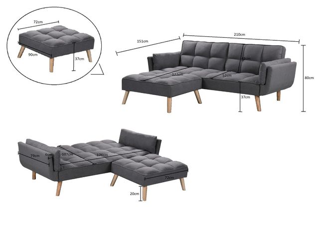 Sofá gris moderno con chaise longue a juego y puff