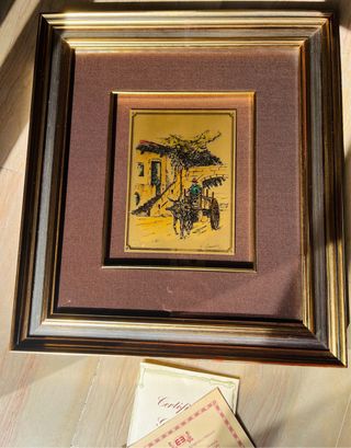 Quadro lastra oro scena rurale