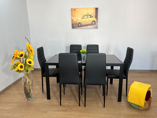 Mesa de Comedor de Cristal 140x80cm + 6 Sillas – Diseño Moderno