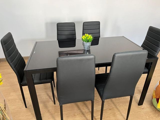 Mesa de Comedor de Cristal 140x80cm + 6 Sillas – Diseño Moderno