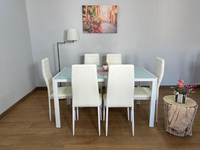 Mesa de Comedor de Cristal 140x80cm + 6 Sillas – Diseño Moderno