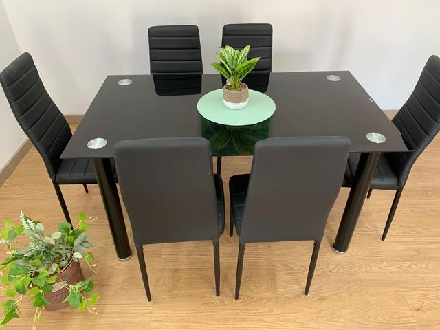 Mesa de vidrio 140x80cm + 6 sillas – Elegante y moderna
