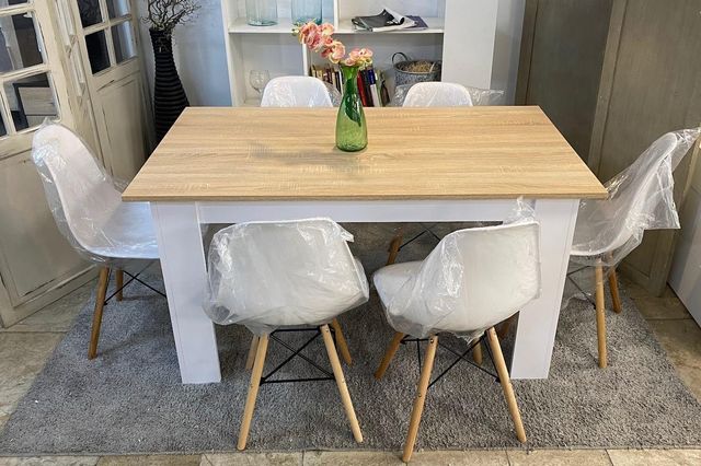 Mesa de comedor 140x80cm + 6 sillas nórdicas