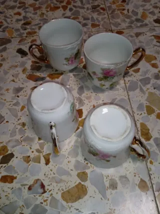 4 Tazas Vintage Porcelana Flores Doradas