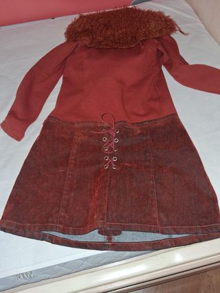 Vestido polipiel y lana marrón/rojo