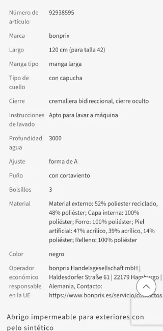 Abrigo impermeable BPC negro con capucha