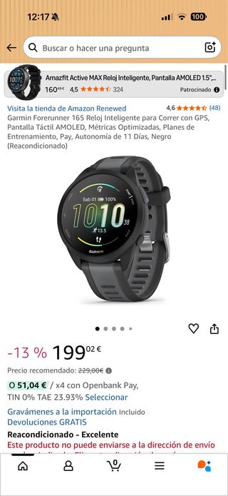 Reloj Garmin Forerunner 165 Negro/Gris