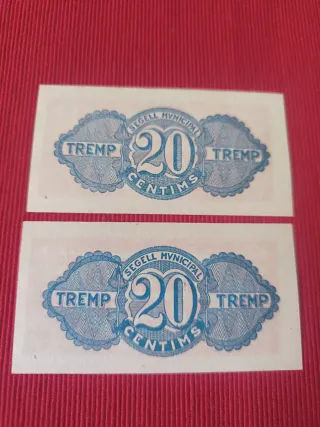 Pareja Billetes municipales 20 Céntimos Tremp
