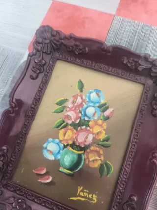 2 Cuadros Óleo Flores Marco Madera