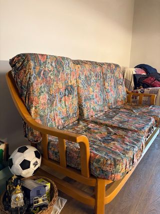 Sofá 3 plazas tela y madera