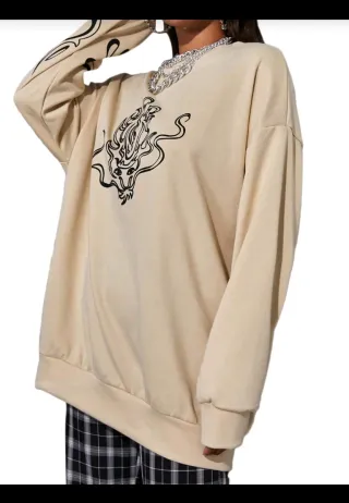 Sudadera beige con estampado de dragón
