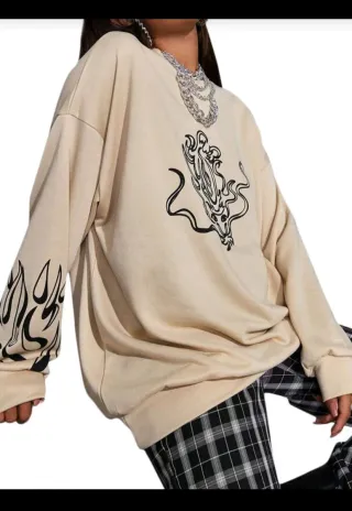 Sudadera beige con estampado de dragón