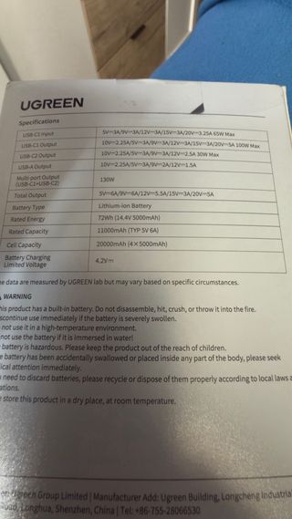 Batería Externa Ugreen 20000mAh 130W