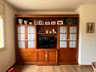 Mueble de madera con puertas de cristal y TV