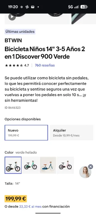 Bicicleta Niños 14" 3-5 Años 2 en 1 Discover