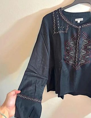 Blusa Natura negra Bordada Étnica Boho Manga...
