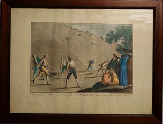 Stampa colorata con scena di gioco all'aperto.