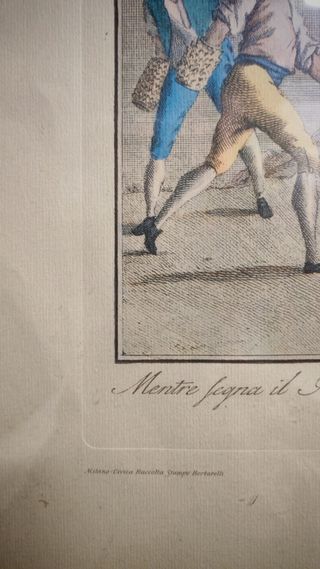 Stampa colorata con scena di gioco all'aperto.