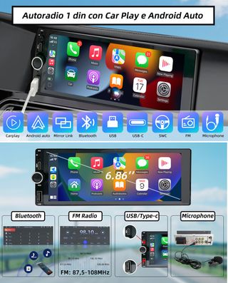 Autoradio 1DIN CarPlay Telecamera retro- Nuovo