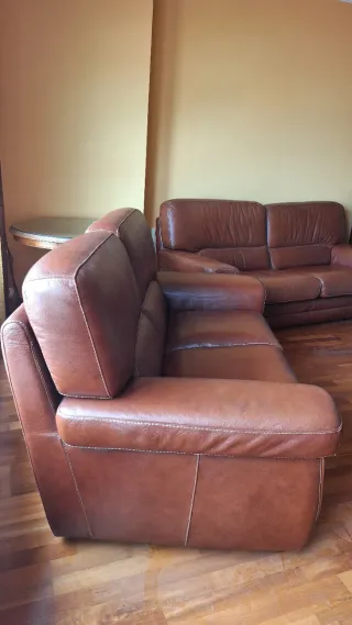 2 sofás de piel marrón, 2 y 3 plazas