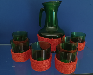 Juego Vintage Jarra + 6 Vasos Vidrio y Rafia