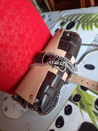 Borsetta intrecciata pelle beige/marrone